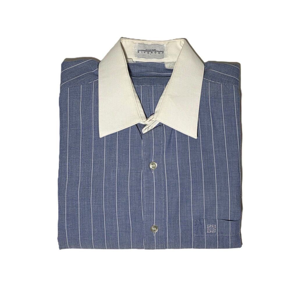 VTG 80’s Givenchy Men's Dress Shirt Blue Striped White Collar 15 ½ & French Cuff